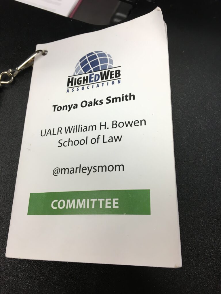Tonya Oaks Smith conference badge from HighEdWeb Regional Arkansas