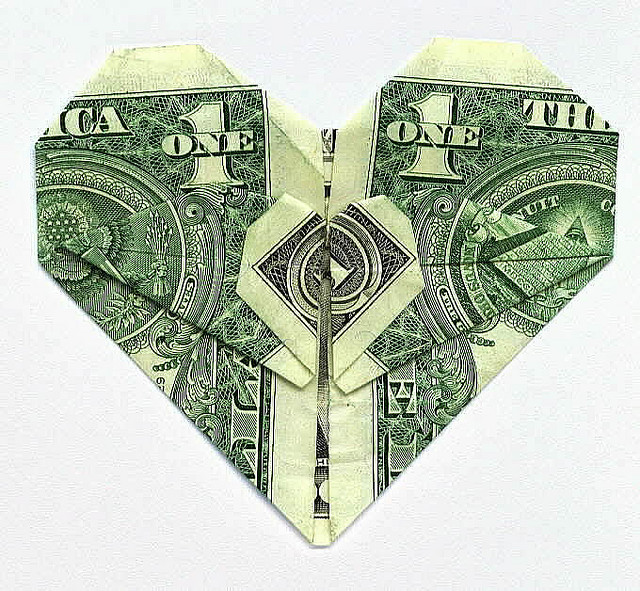 dollar bill folded like a heart