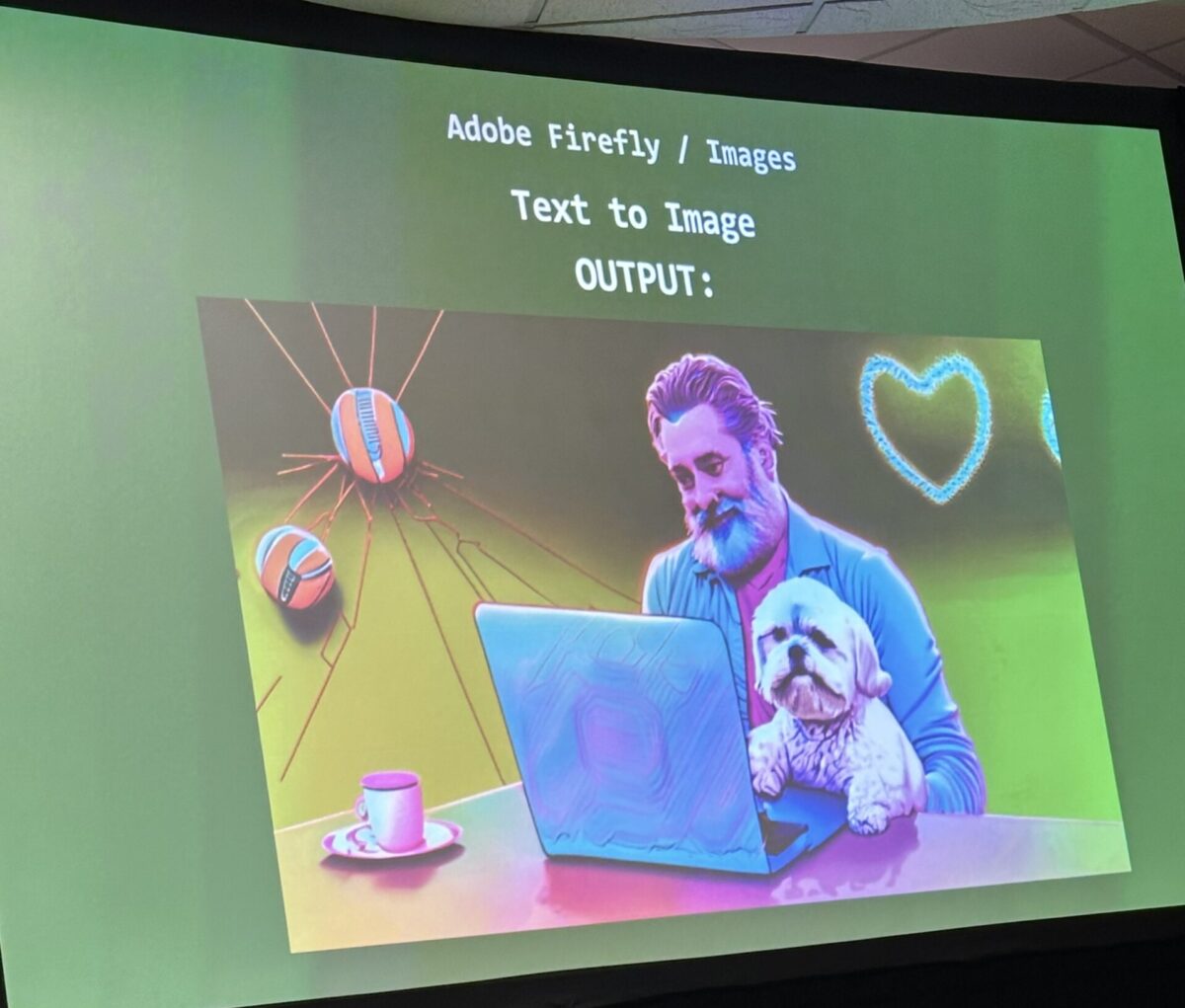 image of projector screen of a slide with an AI image of presenter: man with beard holding dog at a laptop with coffee on table