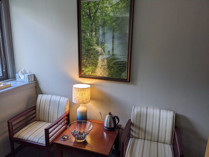 A corner of Genevieve's office with two side chairs, a small table with a lamp, and a calming photo of a forest