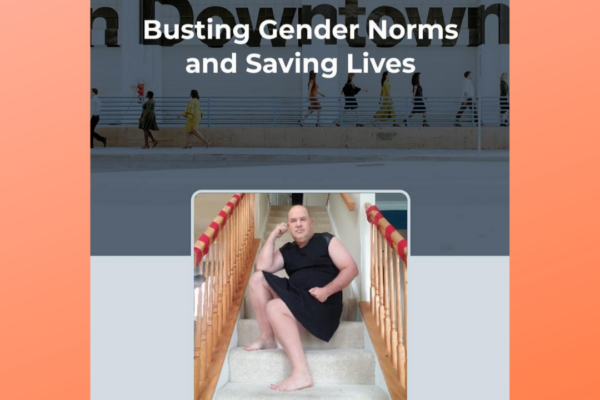 "Busting Gender Norms and Saving Lives" Chris D'Orso sits on the stairs wearing a dress