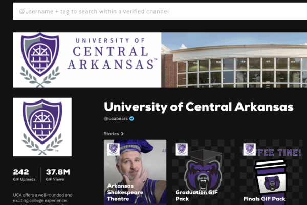 screengrab of University of Central Arkansas GIPHY channel showing presidential gifs, mascot gifs and more