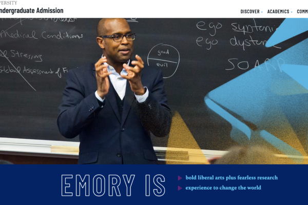 A screen shot of emory's admissons site, showing a professor in a jacket lecturing in front of a blackboard