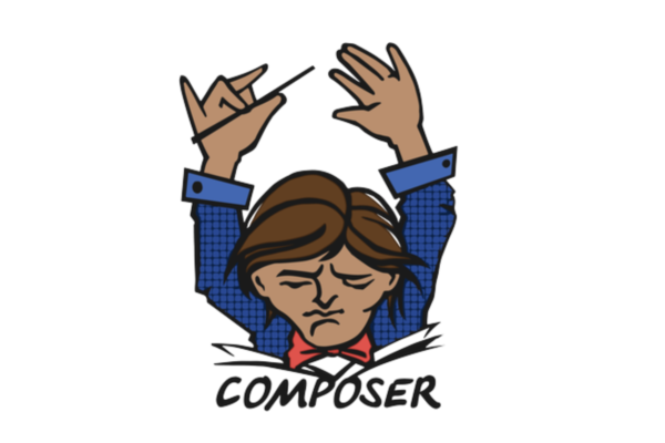 The logo for Composer, a cartoon conductor with his arms raised over his head with a baton as if he's conducting an orchestra