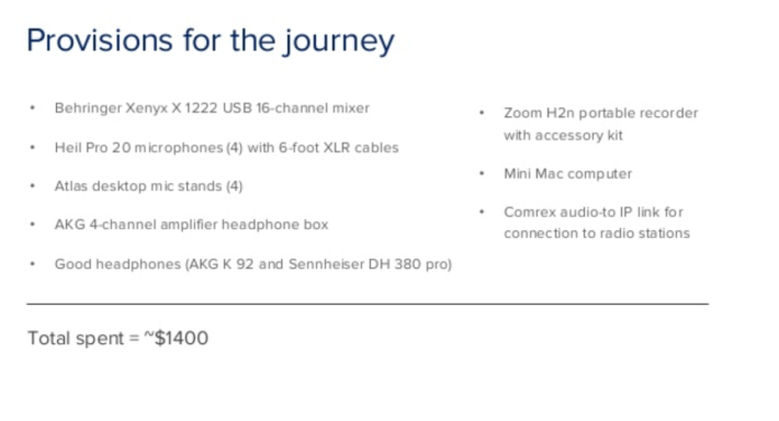 Slide titled "provisions for the journey." Behringer Xenx X 1222 USB 16-channel mixer. Heil Pro 20 microphones (4) with six foot XLR cables. Atlas desktop mic stands (4). AKG 4-channel amplifier headphone box. Good headphones (AKG K 92 and Sennheiser DH 380 pro). Zoom H2N portable recorder with accessory kit. Mini mac computer. Comprex audio to IP link for connection to radio stations.