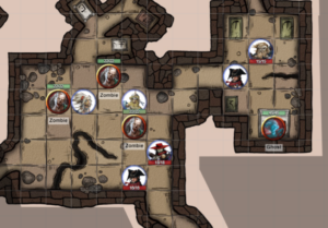 A digital map used for D&D. The map outlines a room and uses circles with images to represent characters