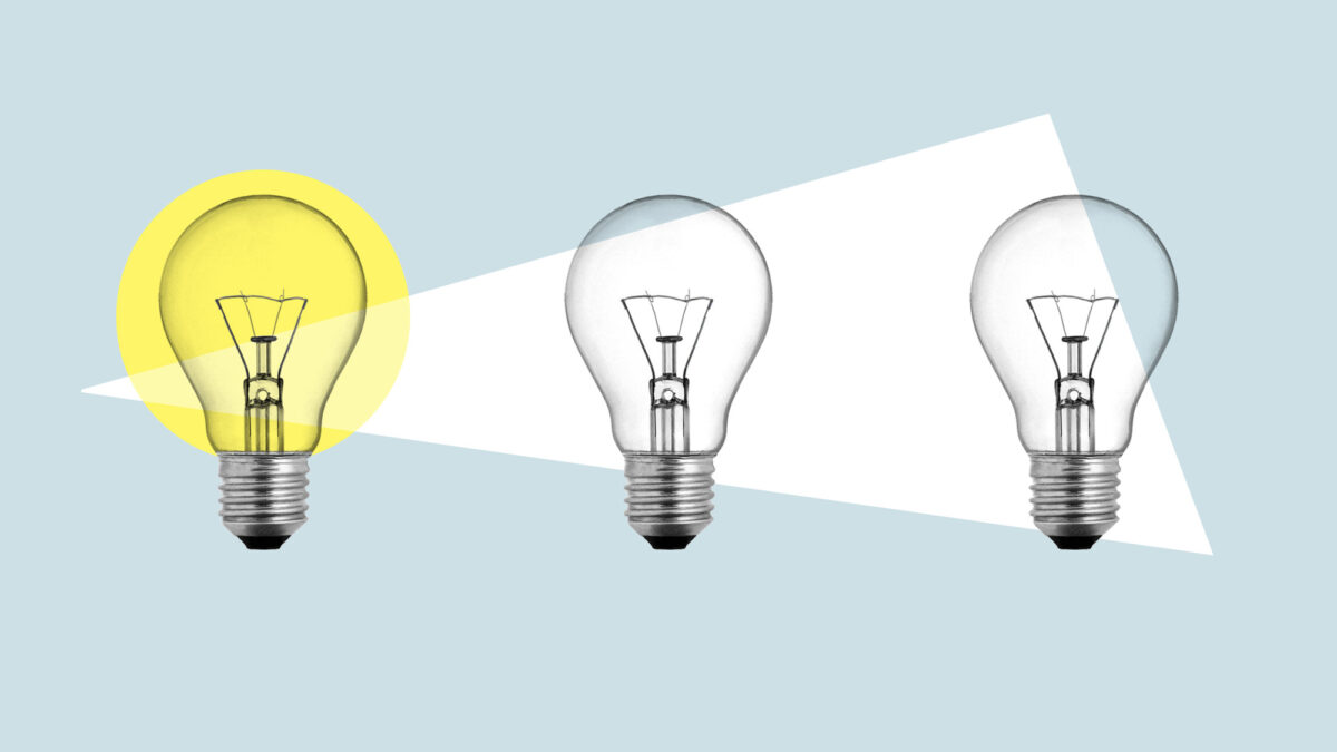 An illustration of three lightbulbs, with the first lightbulb on the left lit up