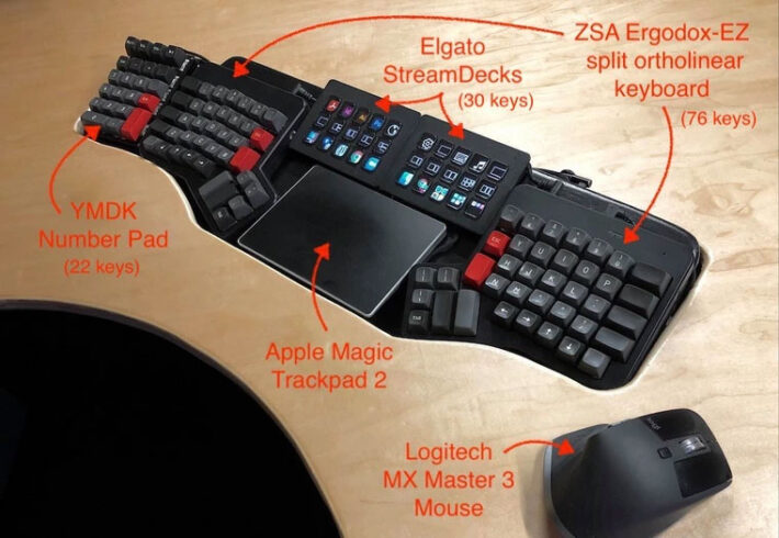 split keyboard, with controls in the middle